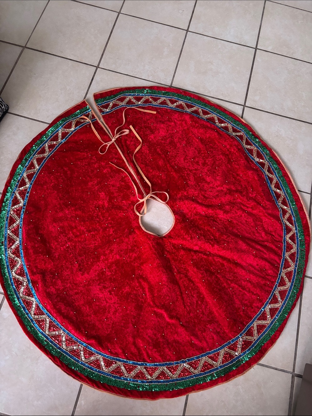 Pier 1 Red Velvet Tree Skirt with Green and Gold Trim
